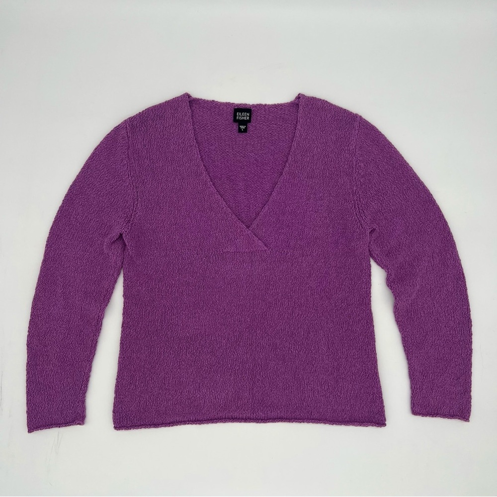 Eileen Fisher Purple Textured‎ V-Neck Cotton Blend Sweater – Size L – Soft Knit